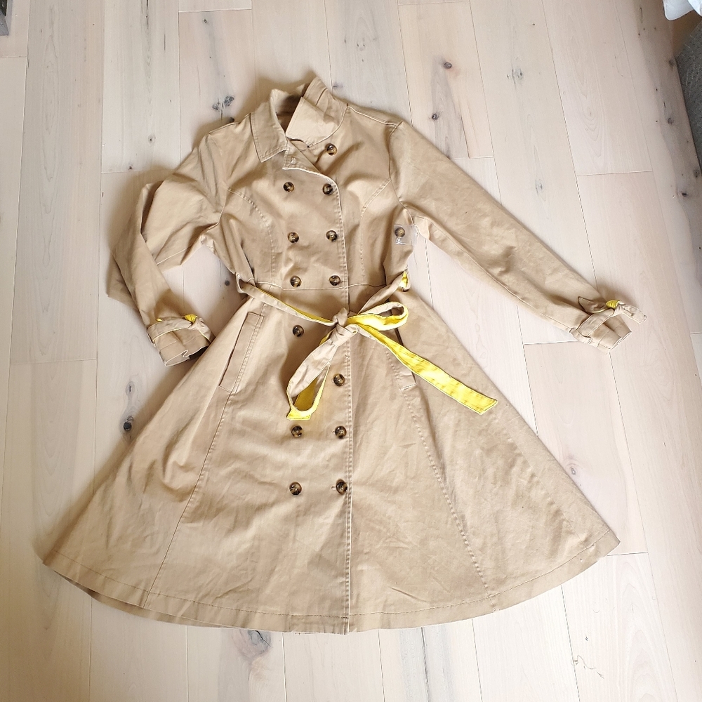 Modcloth Kahis tan double breasted waist tie long line cotton trench coat